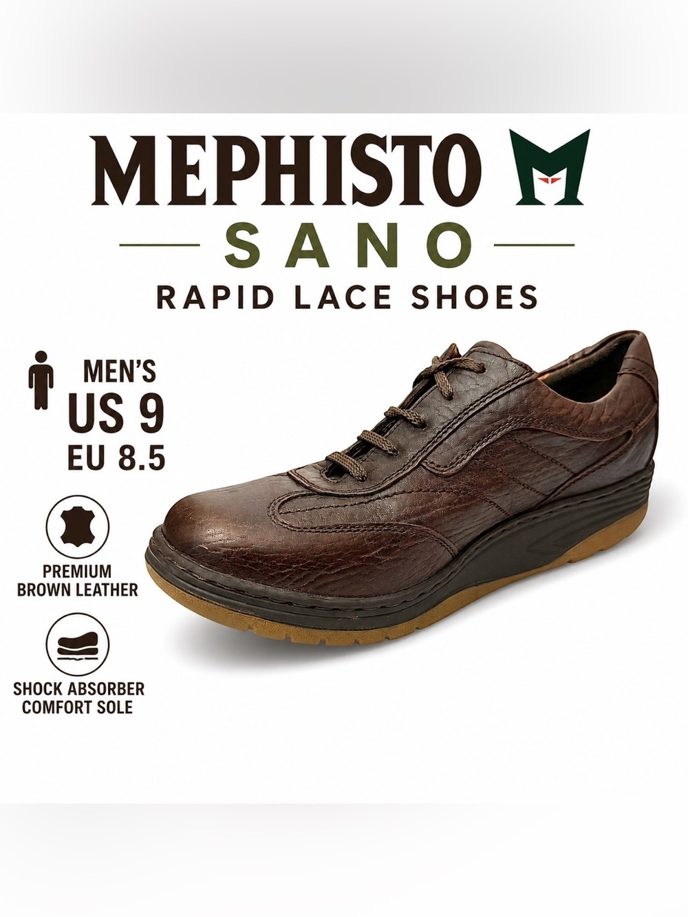 Mephisto Sano Rapid Lace Shoes Men’s US 9 EU 8.5 Brown Leather Comfort